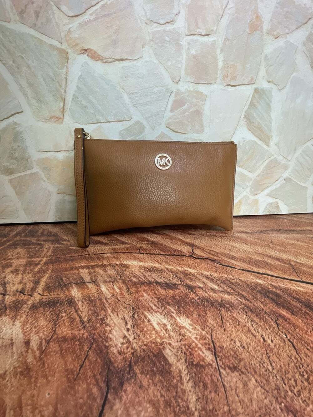 Michael Kors Brown Pebbled Leather Wristlet Clutch Bag with Gold Hardware